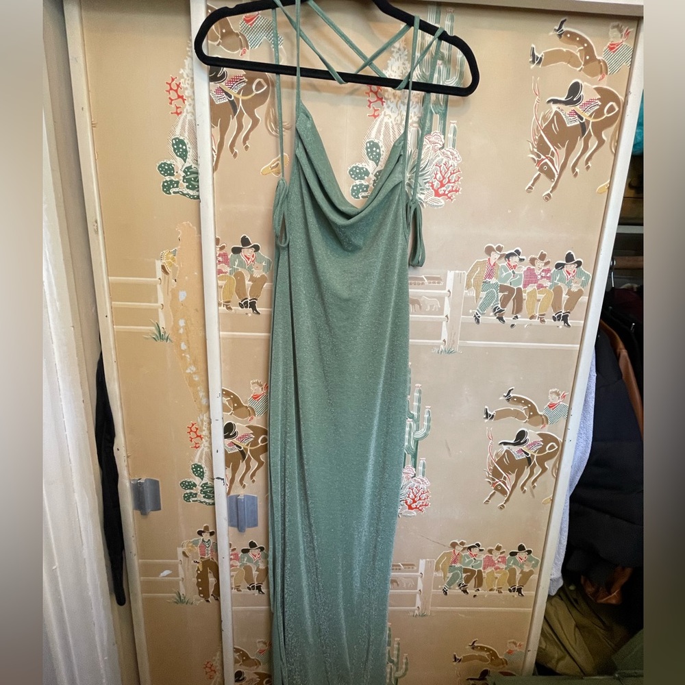 Floor length sparkly green dress